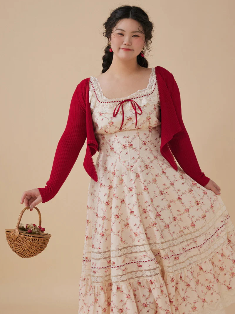 Red Bloom Cotton Lace-Up Dress