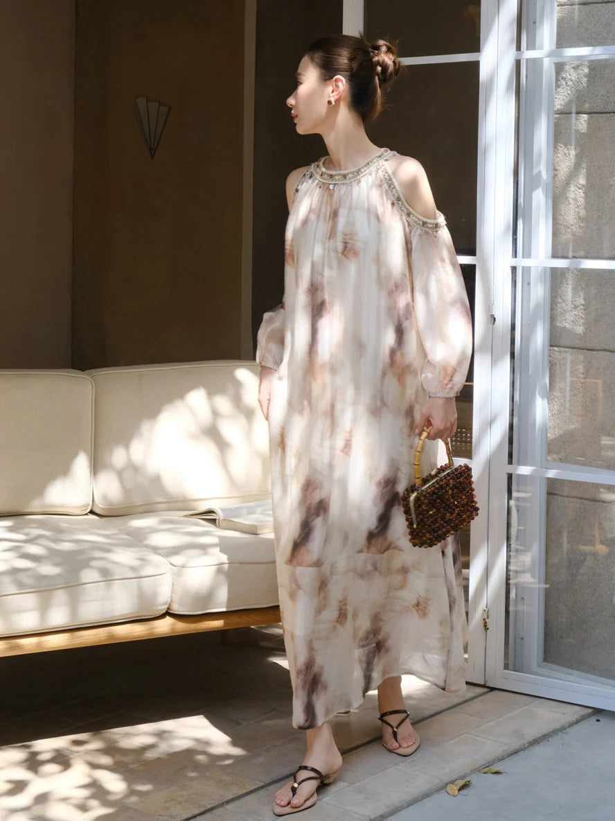 Elegant Cold-Shoulder Tie-Dye Dress