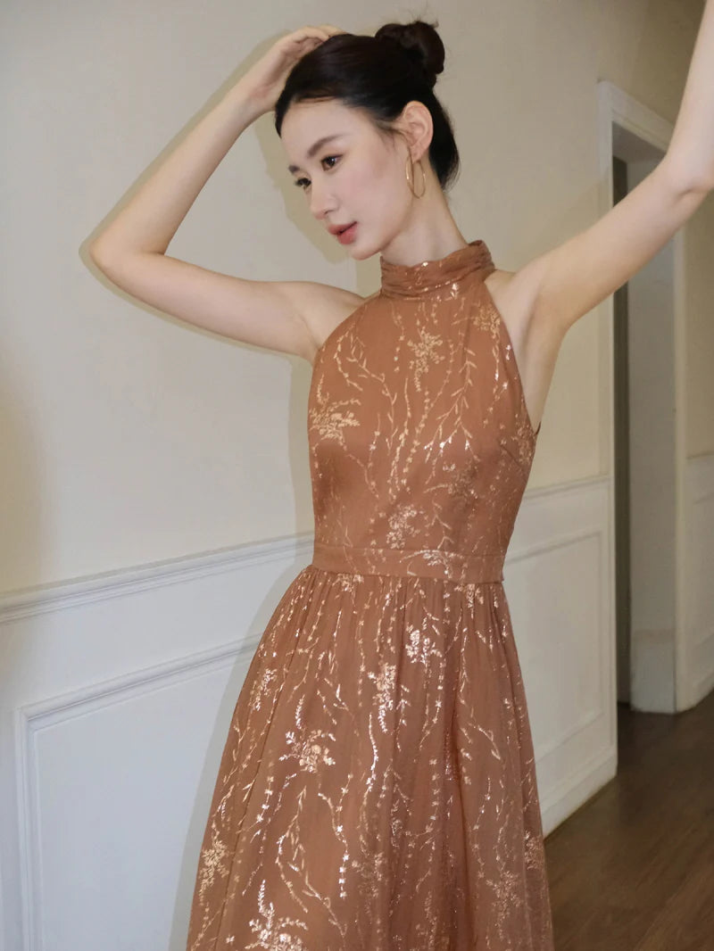 Golden Bloom Halter Dress