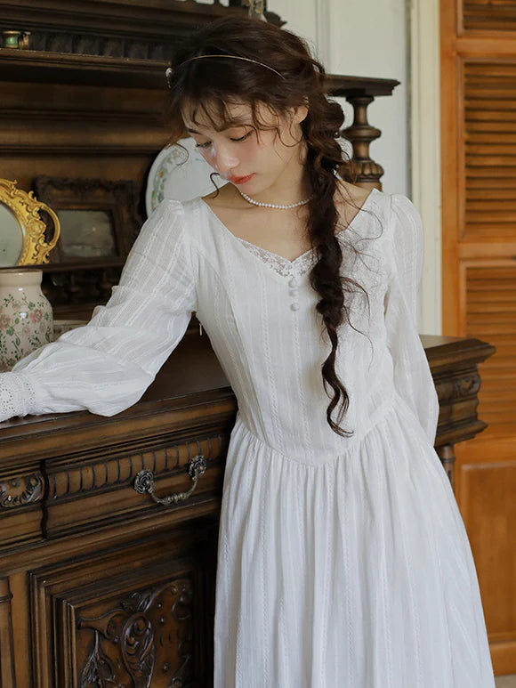 Victorian Elegance Long White Lace Dress
