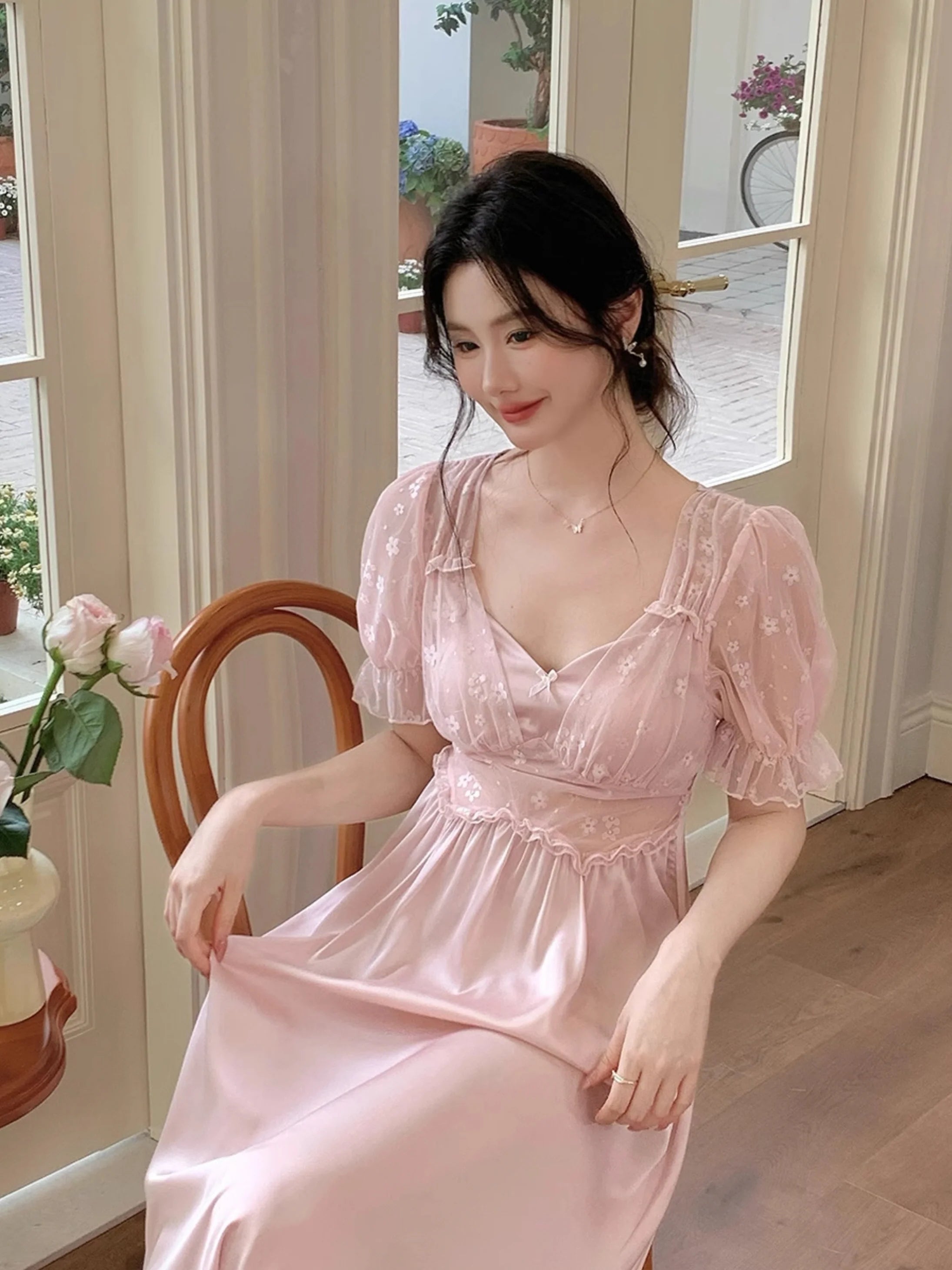 Blush Petal Embroidered Mesh Nightdress