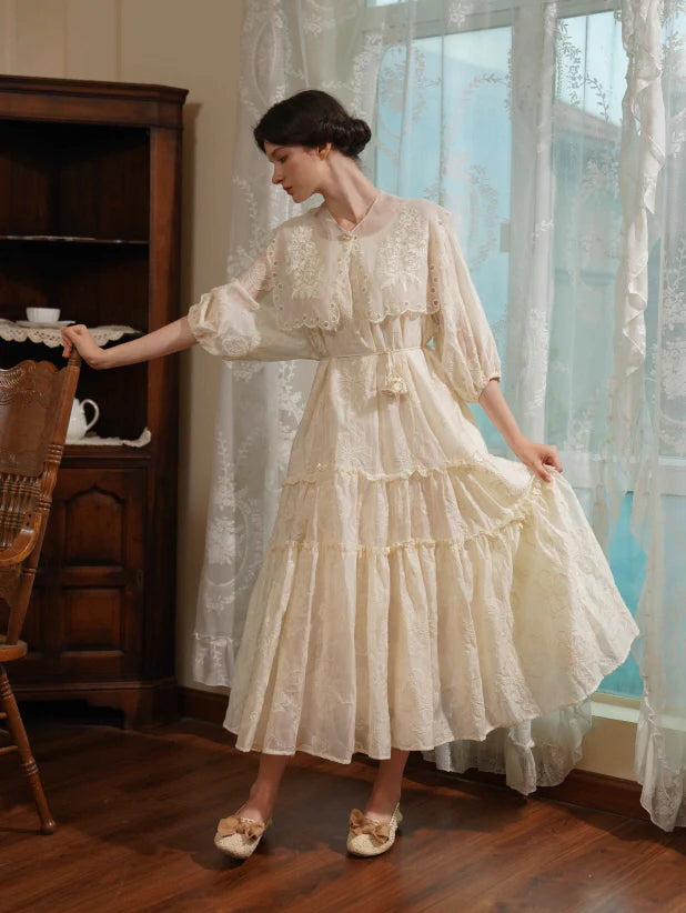 Embroidered Shawl Collar Tiered Dress