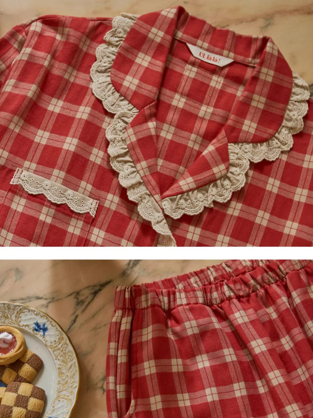 Cherrywood Check Lace Pajama Set