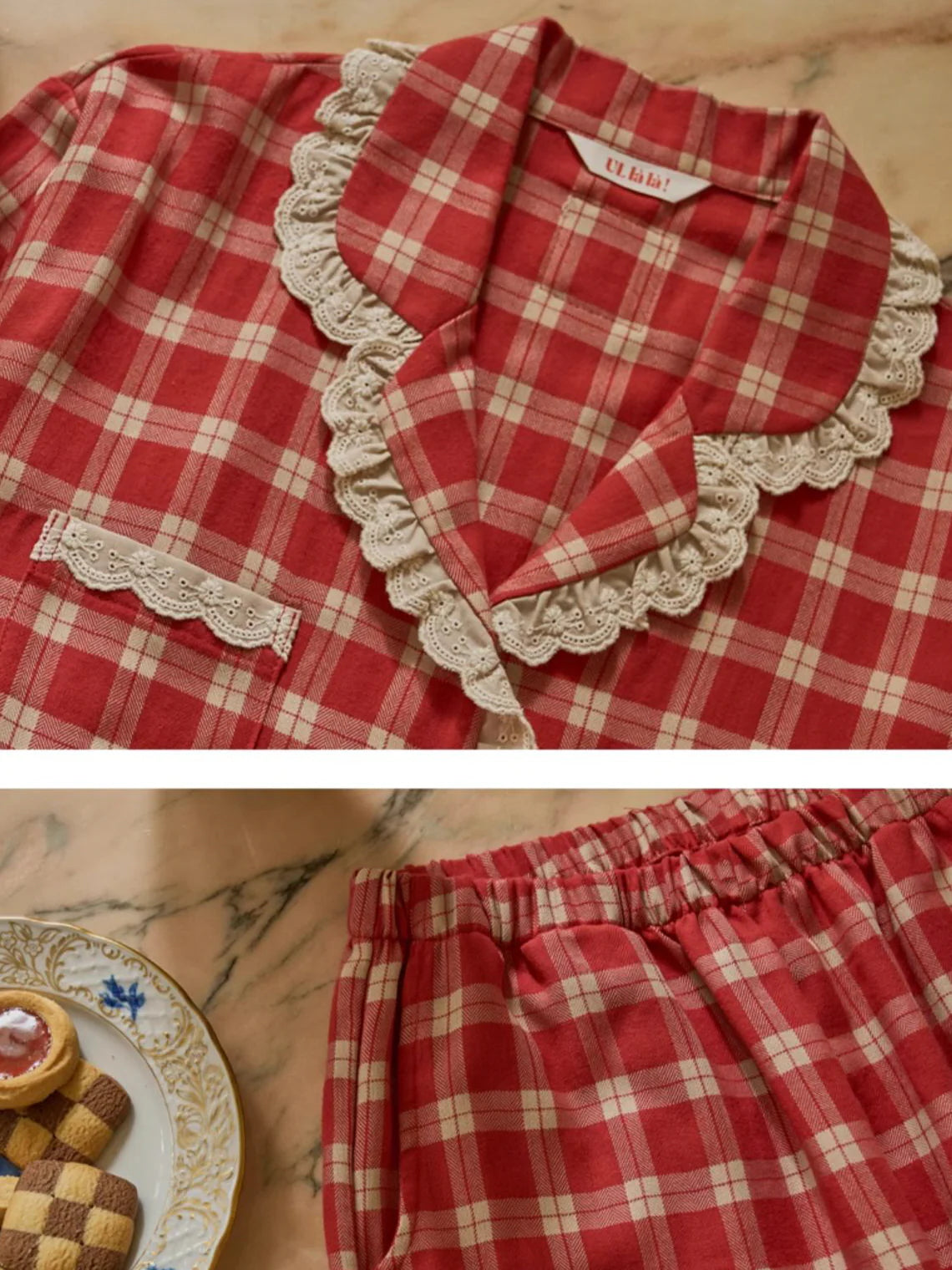 Cherrywood Check Lace Pajama Set