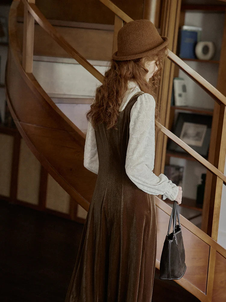 Earthy Velvet Button-Front Pinafore Dress