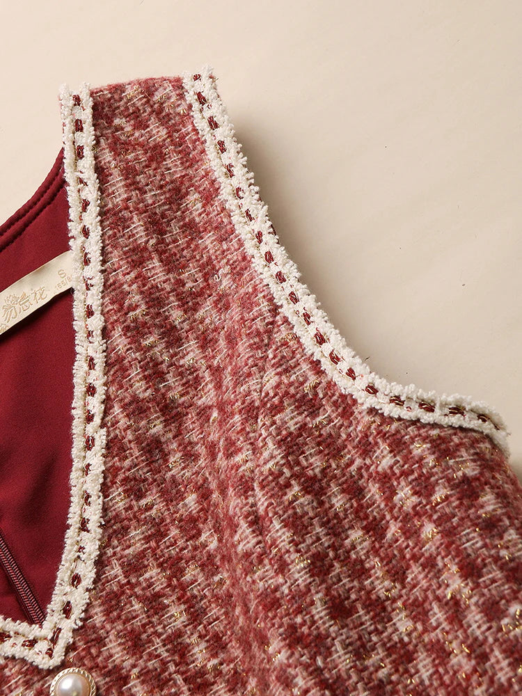 Elegant Red Tweed Pearl Button Dress