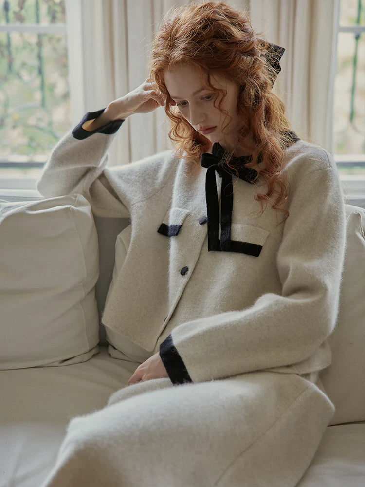 Elegant Wool Blend Ribbon Trim Knit Cardigan