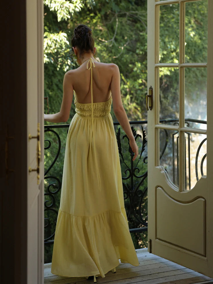 Lemon Bloom Backless Maxi Dress