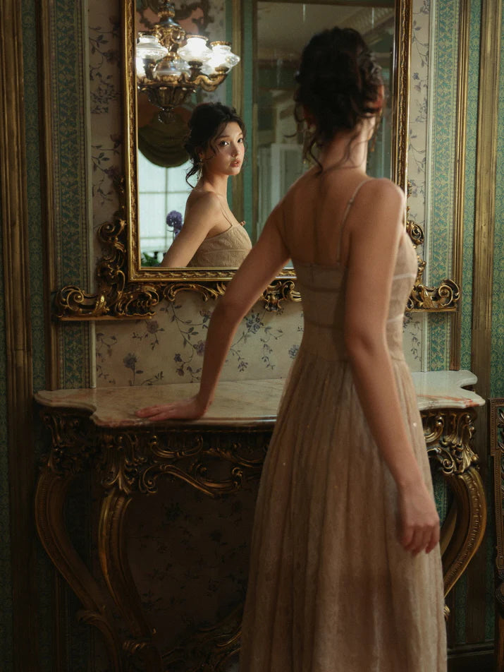 Champagne Lace Bow Evening Dress