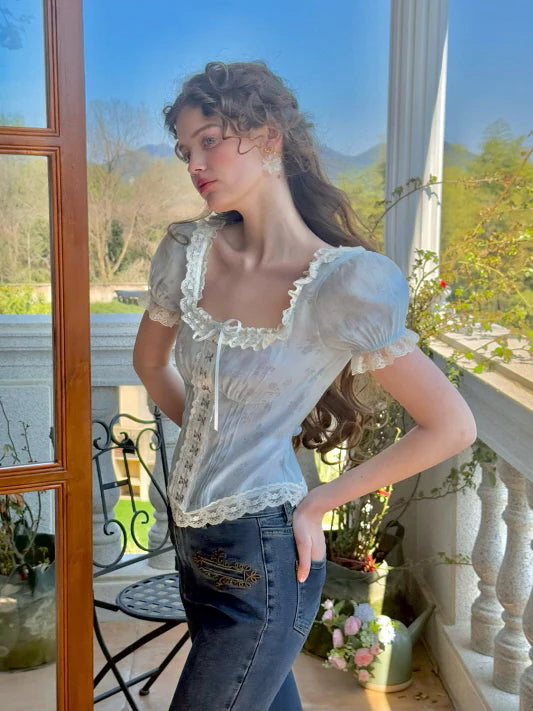 Whimsical Floral Lace-Up Corset Top