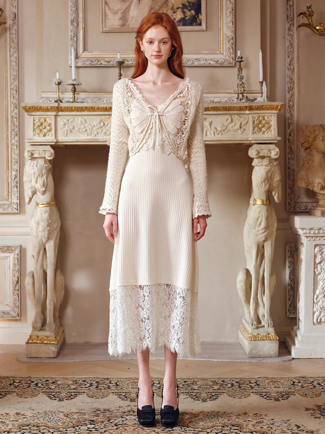 Elegant Lace Trim  Flared Sleeves Knit Dress