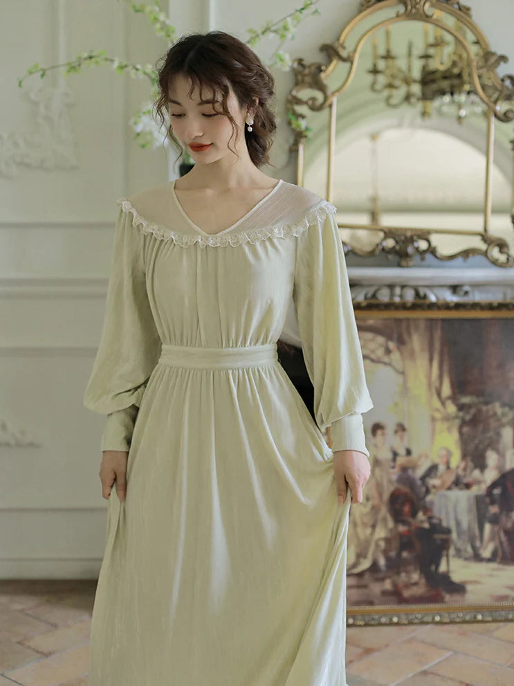 Vintage Olive Velvet Lace Gown