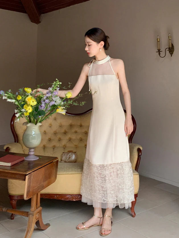 Moonlight Petal Lace Halter Dress