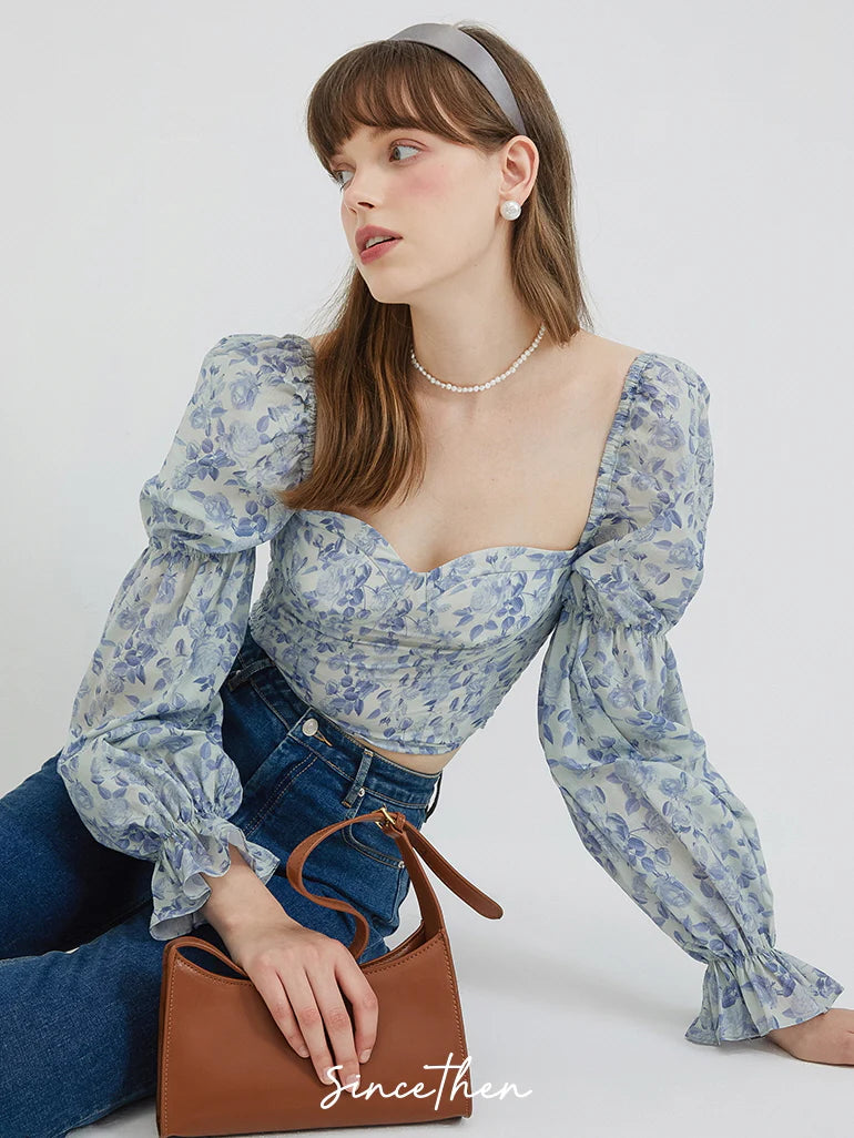 Blue Floral Puff Sleeve Blouse