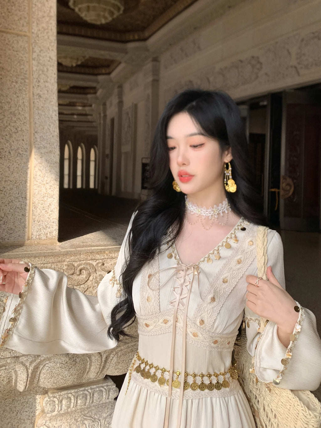 Golden Ethereal Lace-Up Flare Sleeve Chiffon Dress