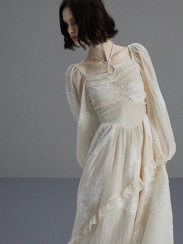 Vintage Embroidered Puff Sleeve Dress