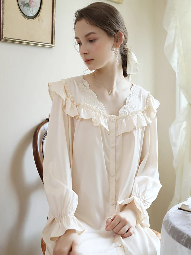 Vintage-Inspired Cream Ruffle  Nightgown