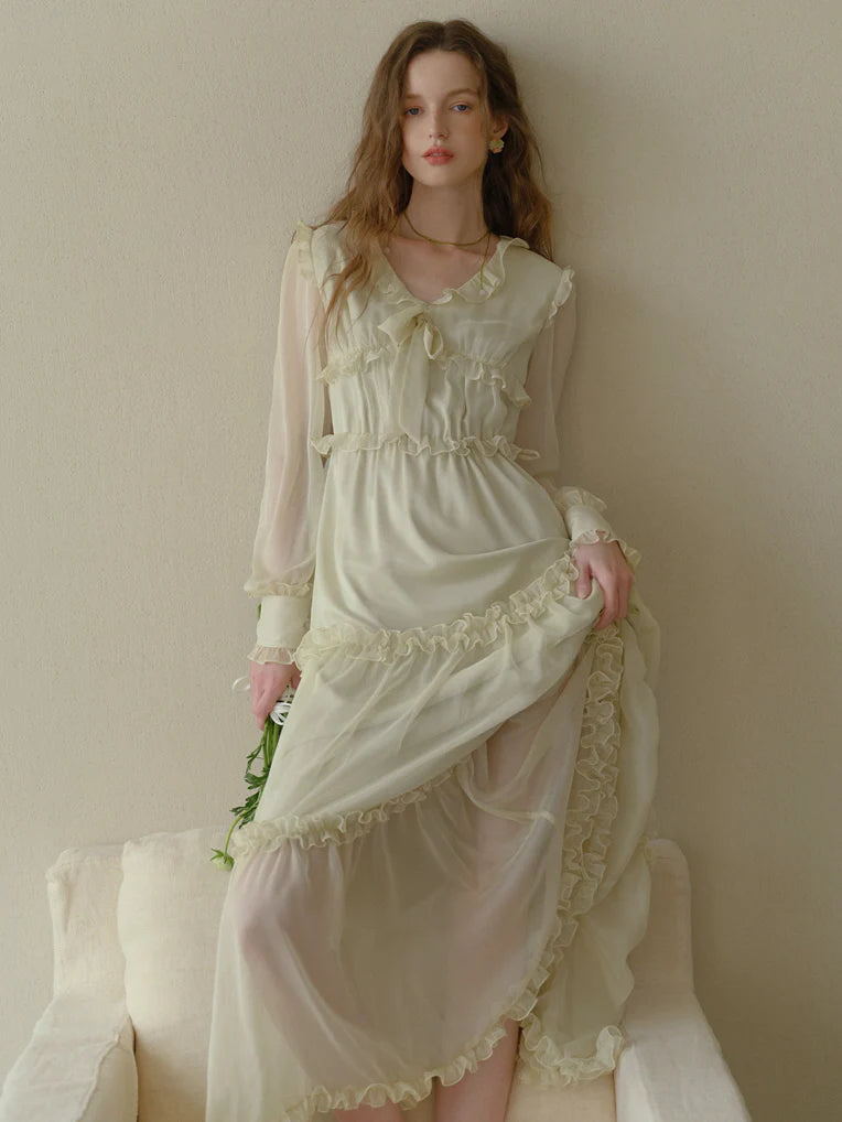 Soft Cream Ruffle Tiered Sheer Dress