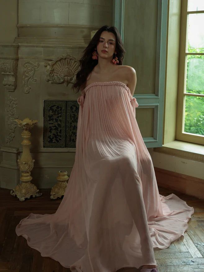 Off-Shoulder Blush Pleated Ribbon Dress