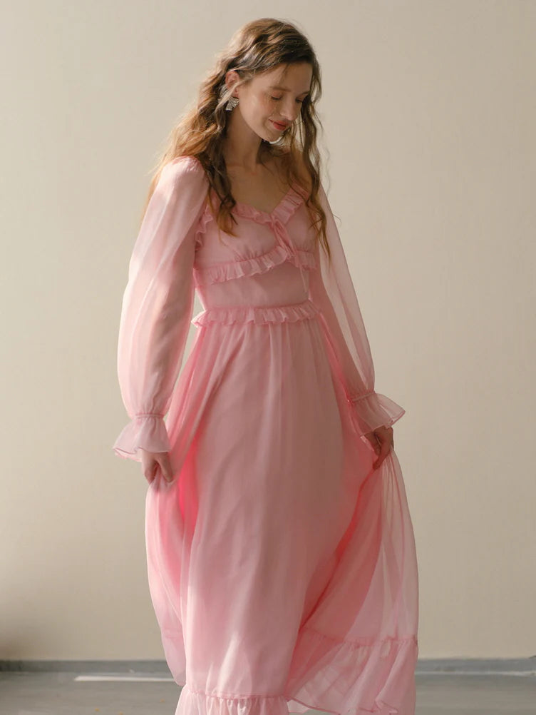 Blush Petal Frill Chiffon Dress