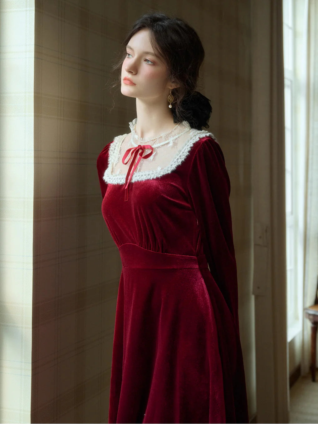 Crimson Dream Velvet Lace Dress
