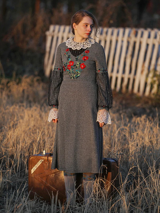 Embroidered Floral Lace Vintage Dress