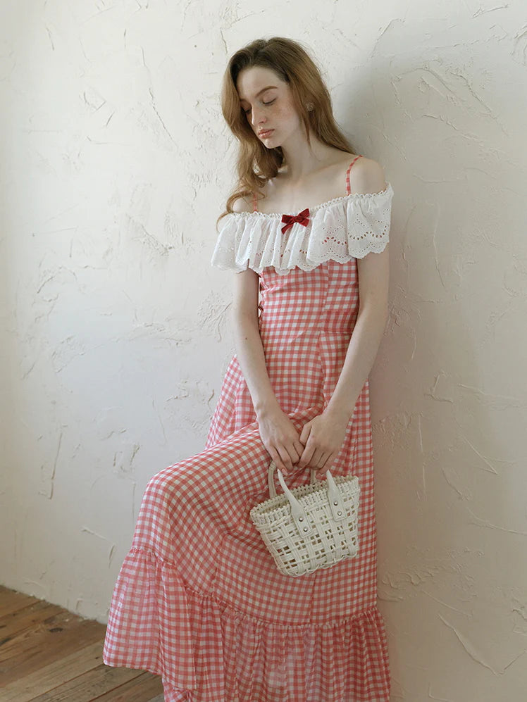 Red Gingham Off-Shoulder Frill Dress