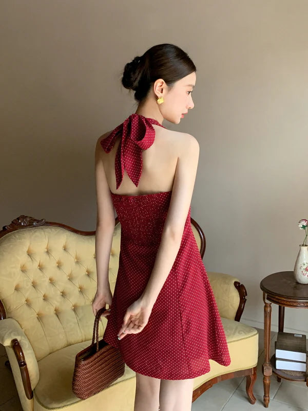 Cherry Ribbon Polka Dot Halter Dress