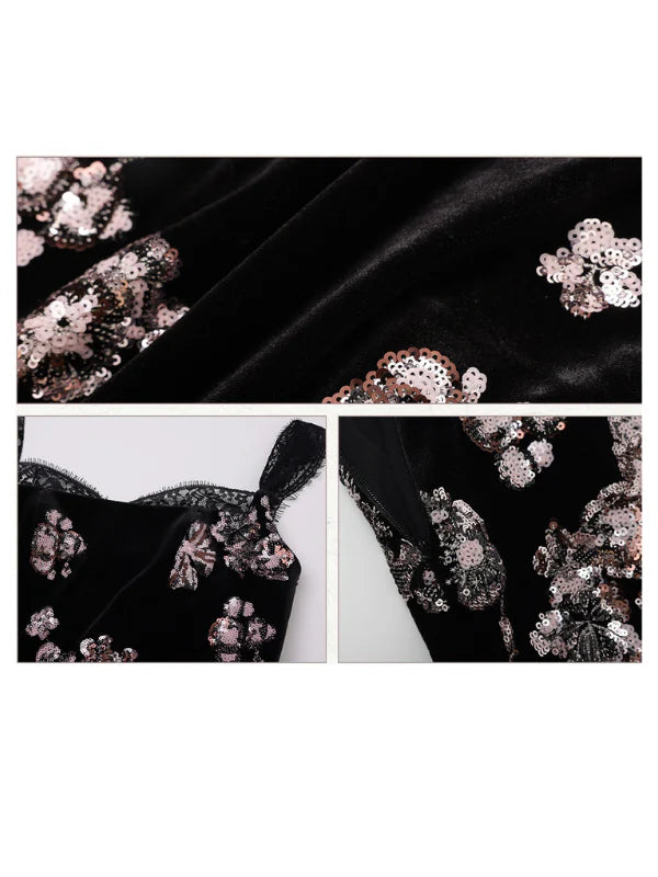 Black Velvet Sequin Floral Dress