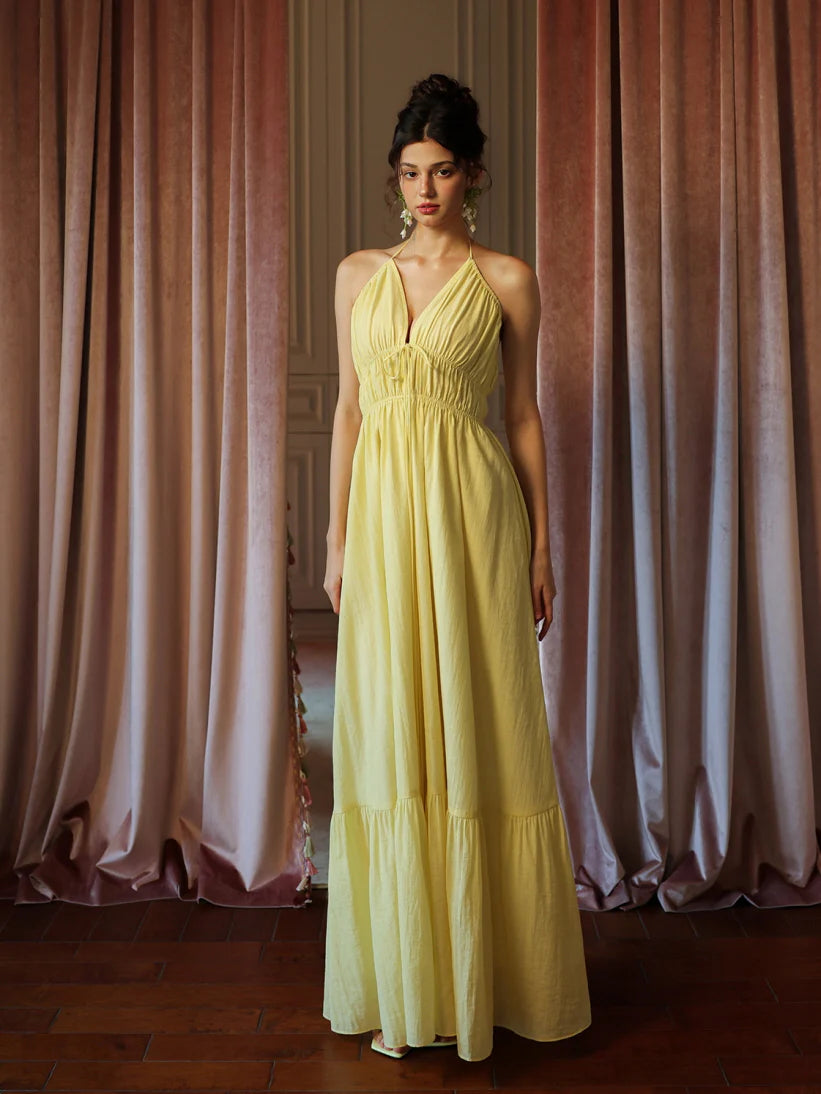 Lemon Bloom Backless Maxi Dress