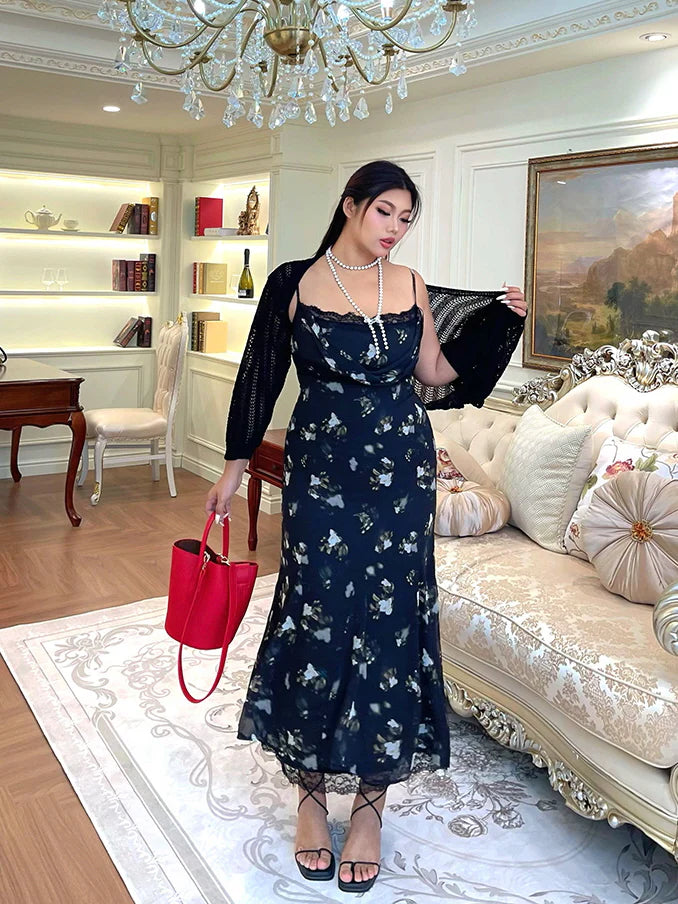 Midnight Bloom Lace Trim Floral Dress