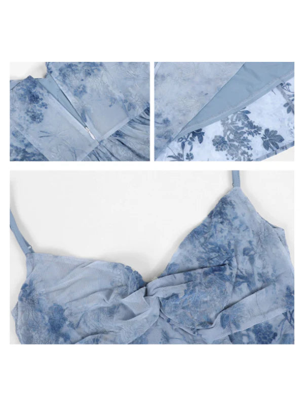 Moonlit Garden Blue Sheer Floral Dress