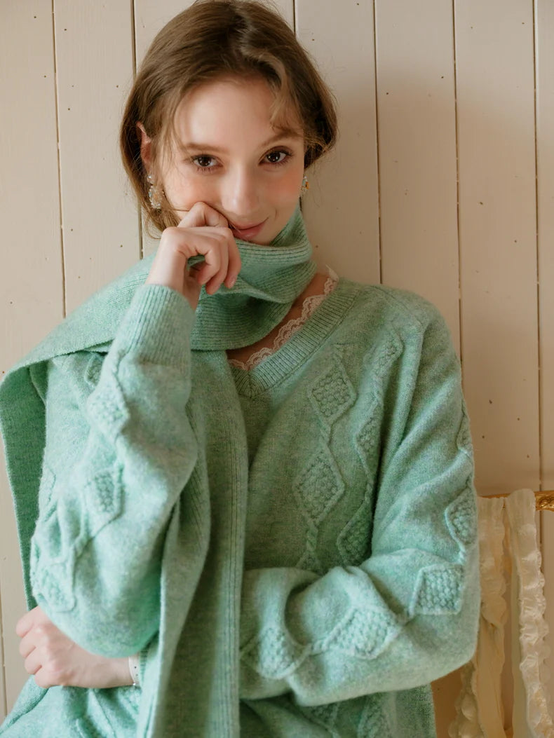 Pastel Lace-Trim Knit Sweater & Scarf