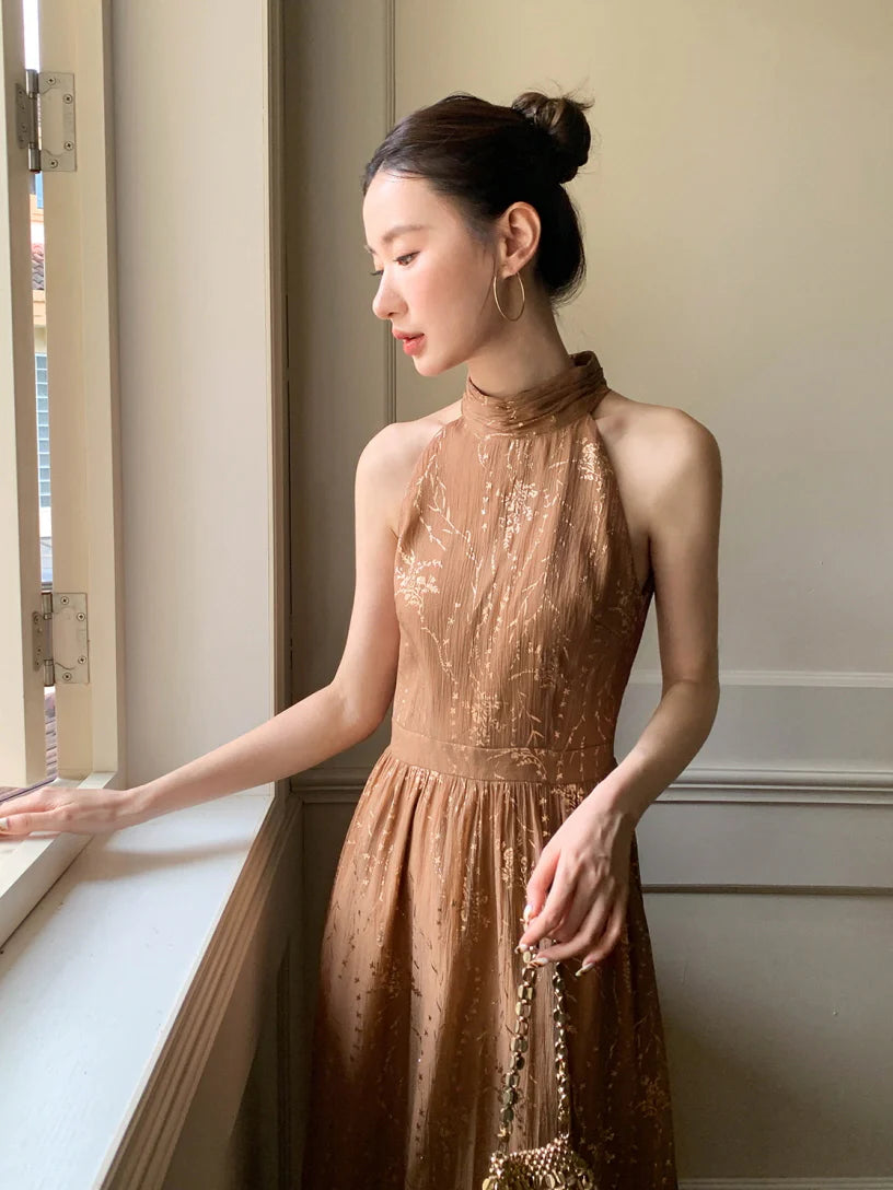 Golden Bloom Halter Dress