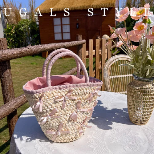 Summer Vacation Straw Ribbon Tote Bag