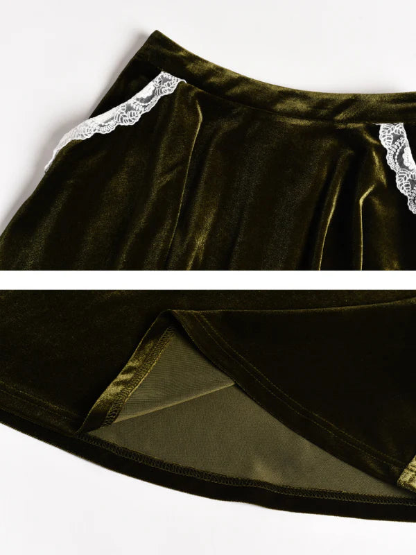 Elegant Green Velvet Flared Skirt