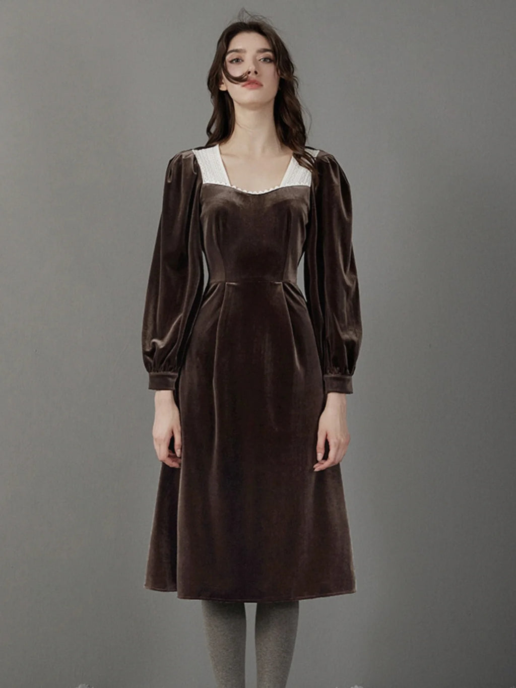 Brown Velvet Puff Sleeve Dress