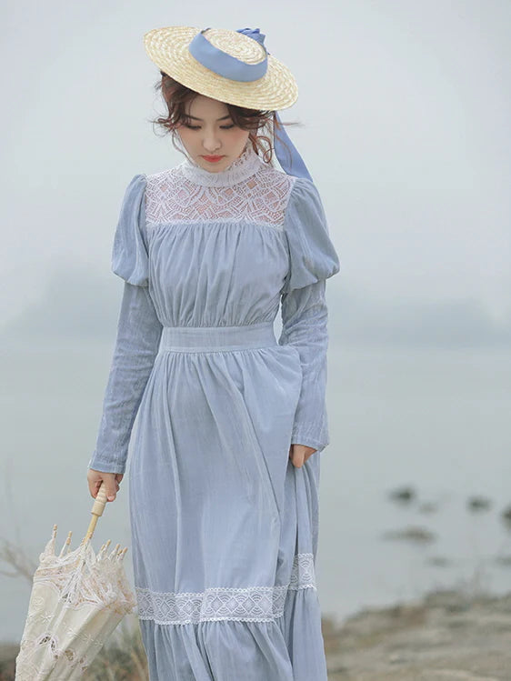 Vintage Blue Lace-Trimmed Elegant Dress