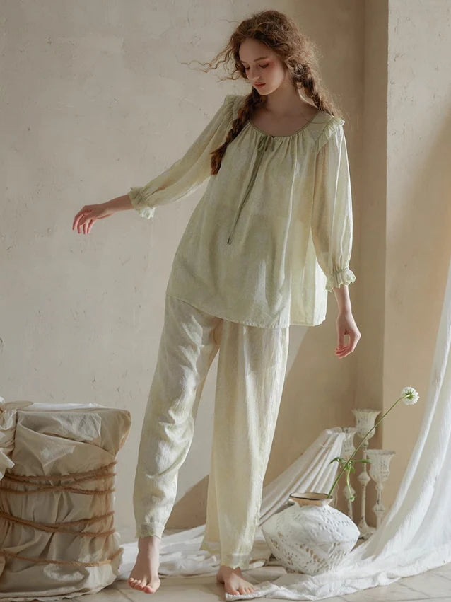 Vintage Ruffled Lace Trim Pajama Set