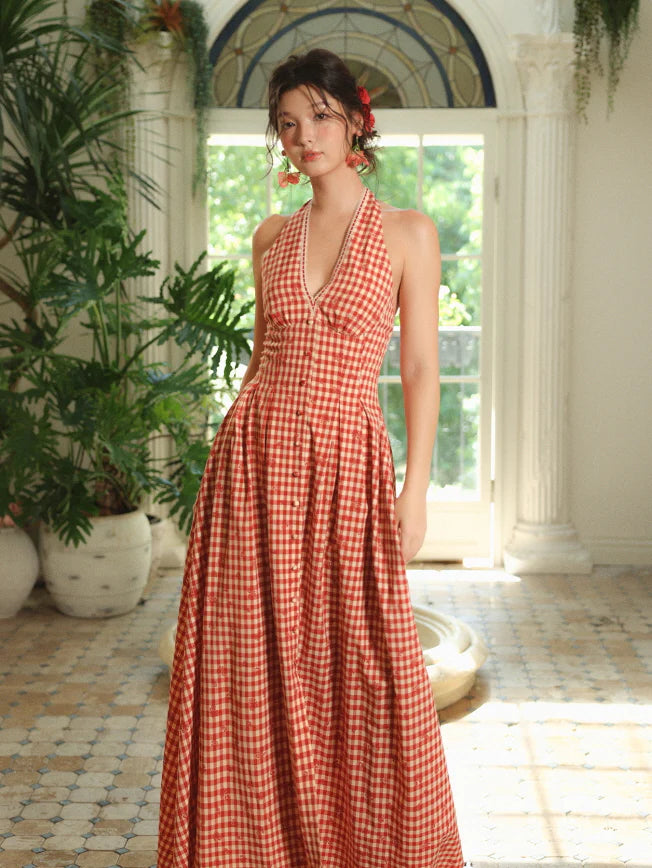 Romantic Gingham Red Check Halter Dress
