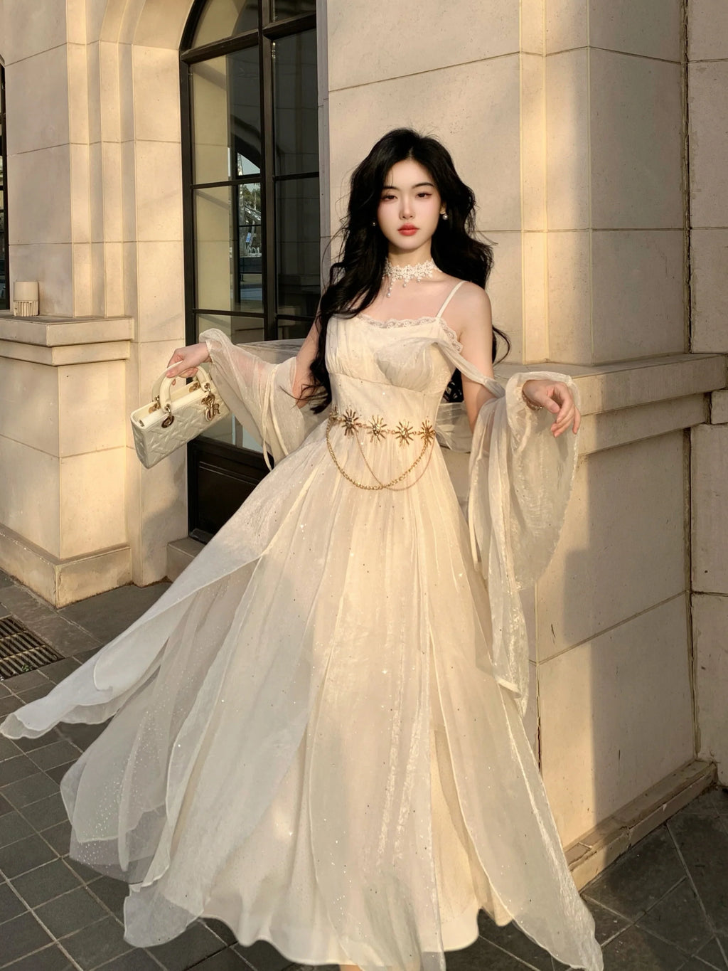 Ethereal Goddess Shimmering Silver Mesh Gown