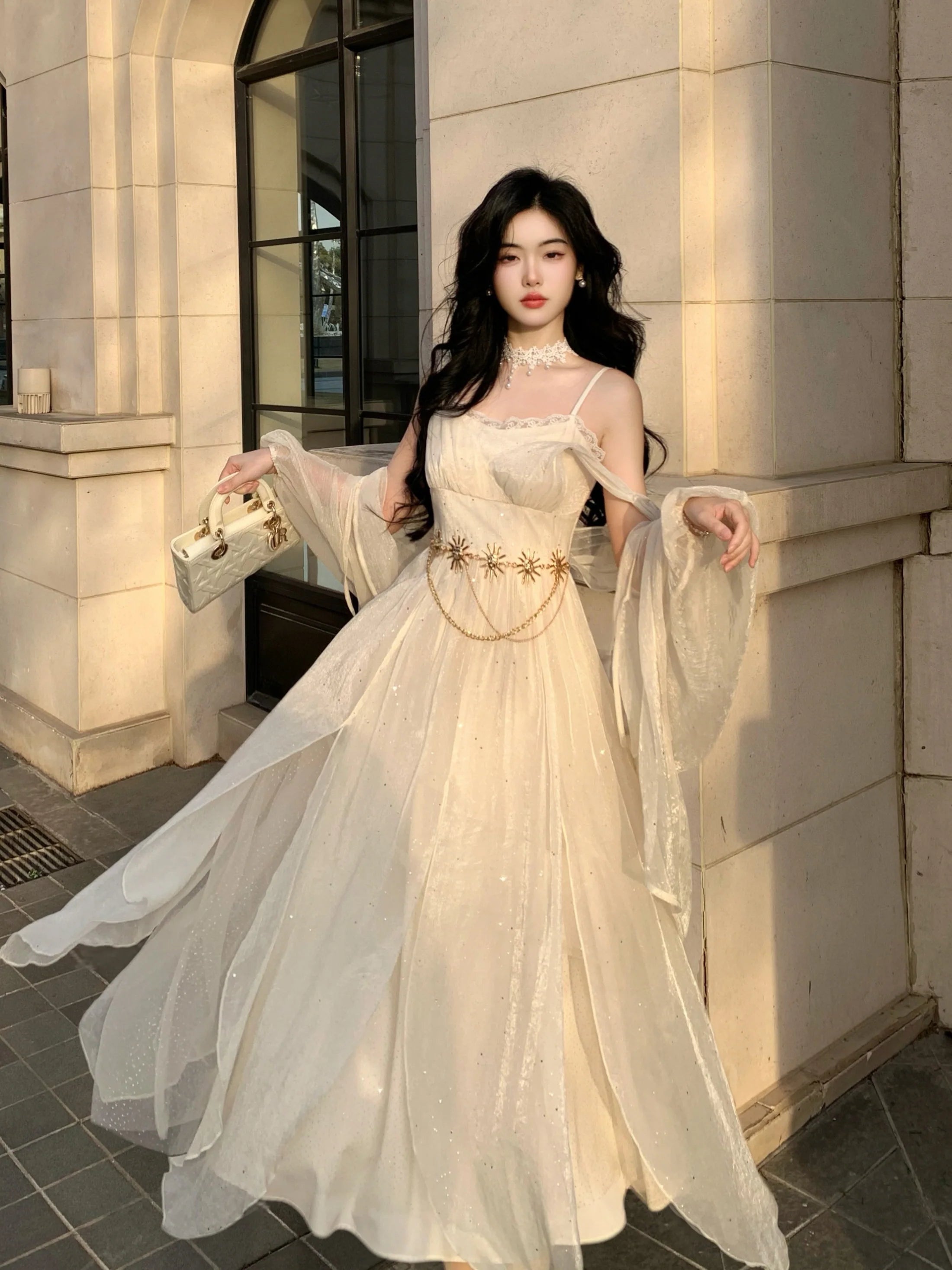 Ethereal Goddess Shimmering Silver Mesh Gown