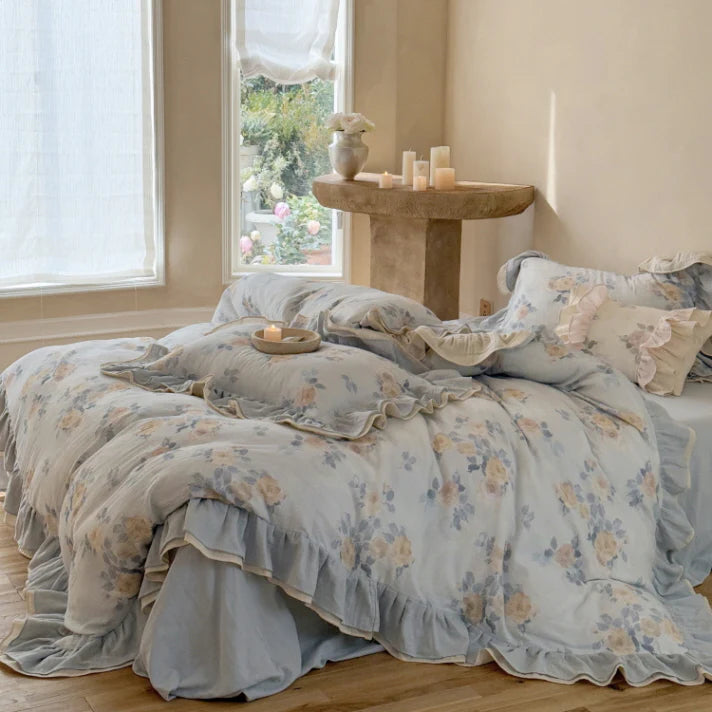 Dusty Blue Rose Print Ruffle Bedding Set