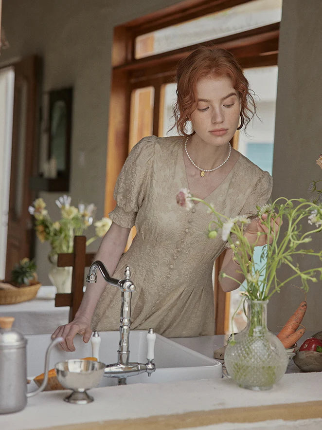 Vintage Lace Buttoned Puff Sleeve Dress