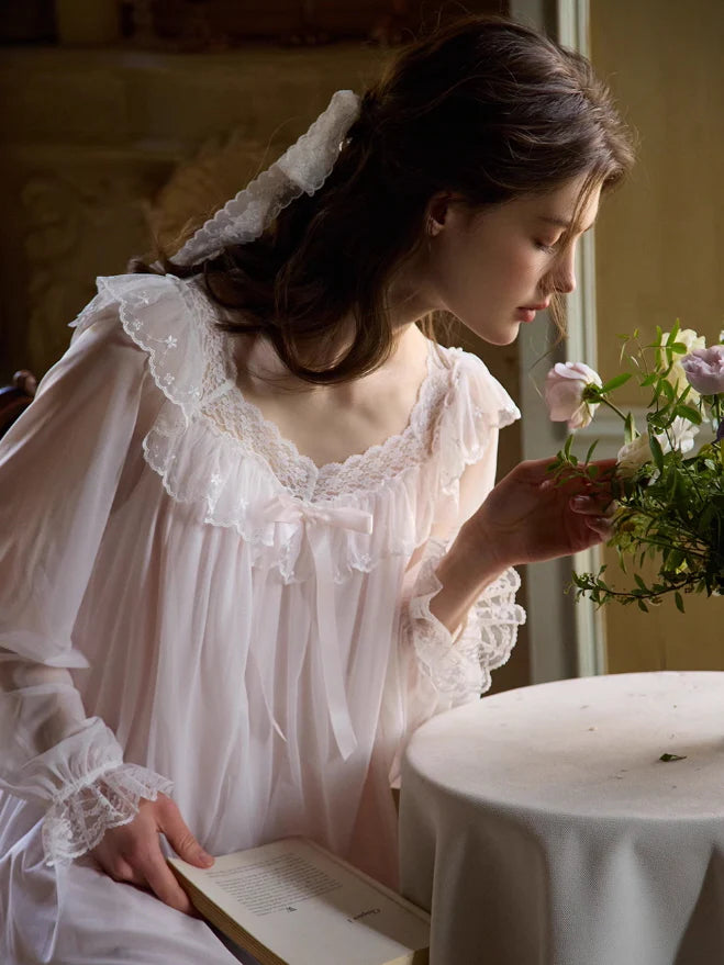 Ethereal Lace-Embroidered Long Nightdress