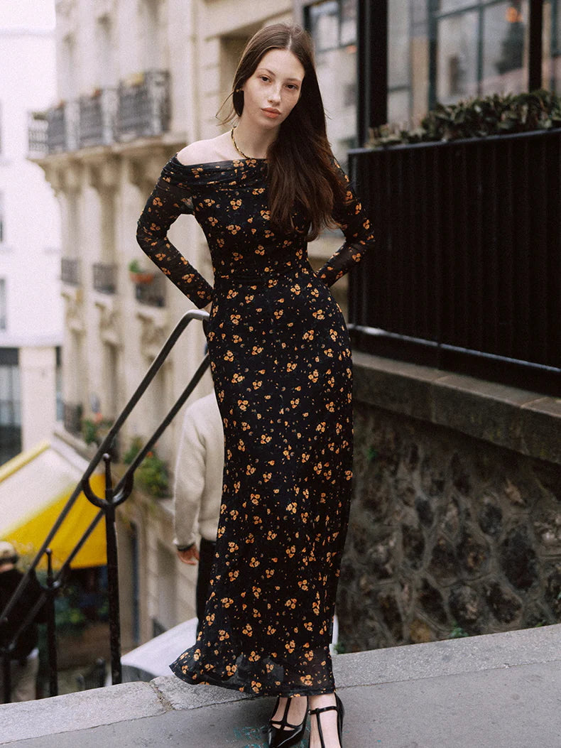 Midnight Blossom Off-Shoulder Mesh Dress
