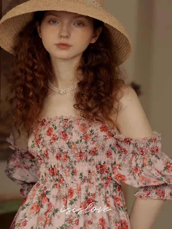 Vintage Pink Flower Off-Shoulder Dress