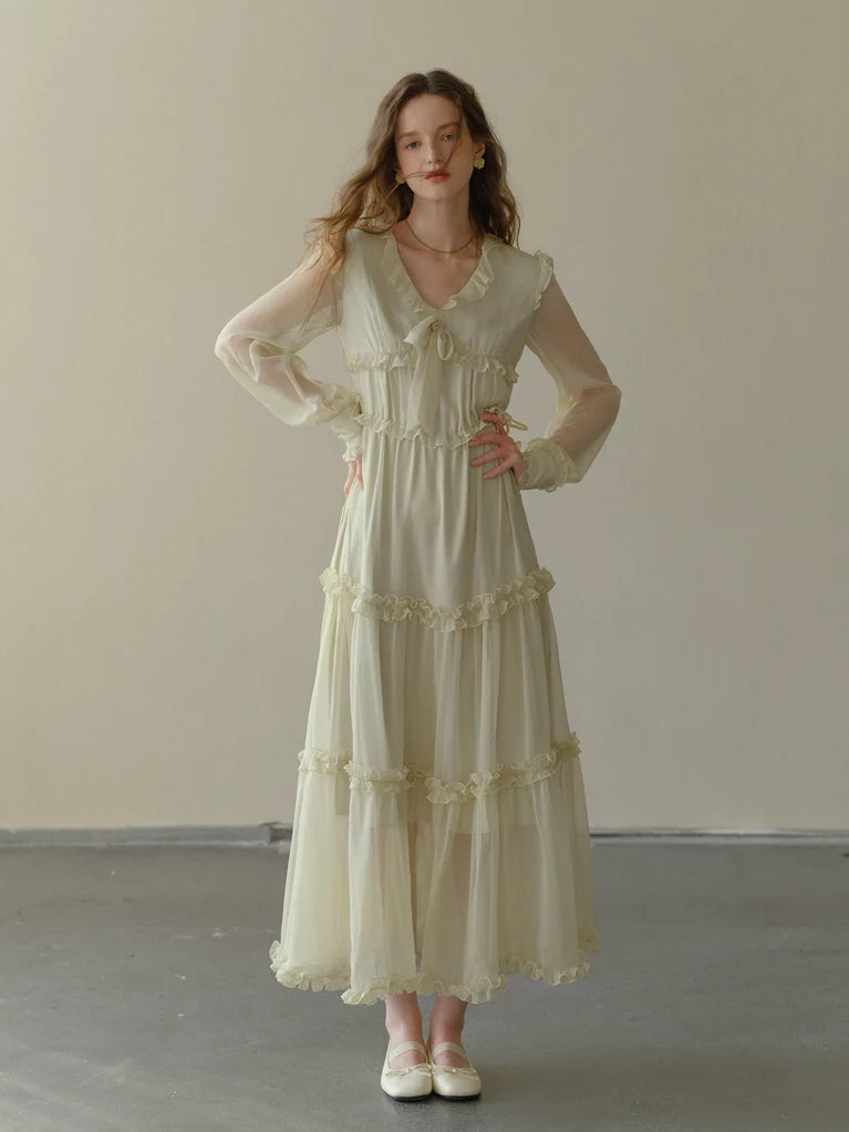 Soft Cream Ruffle Tiered Sheer Dress
