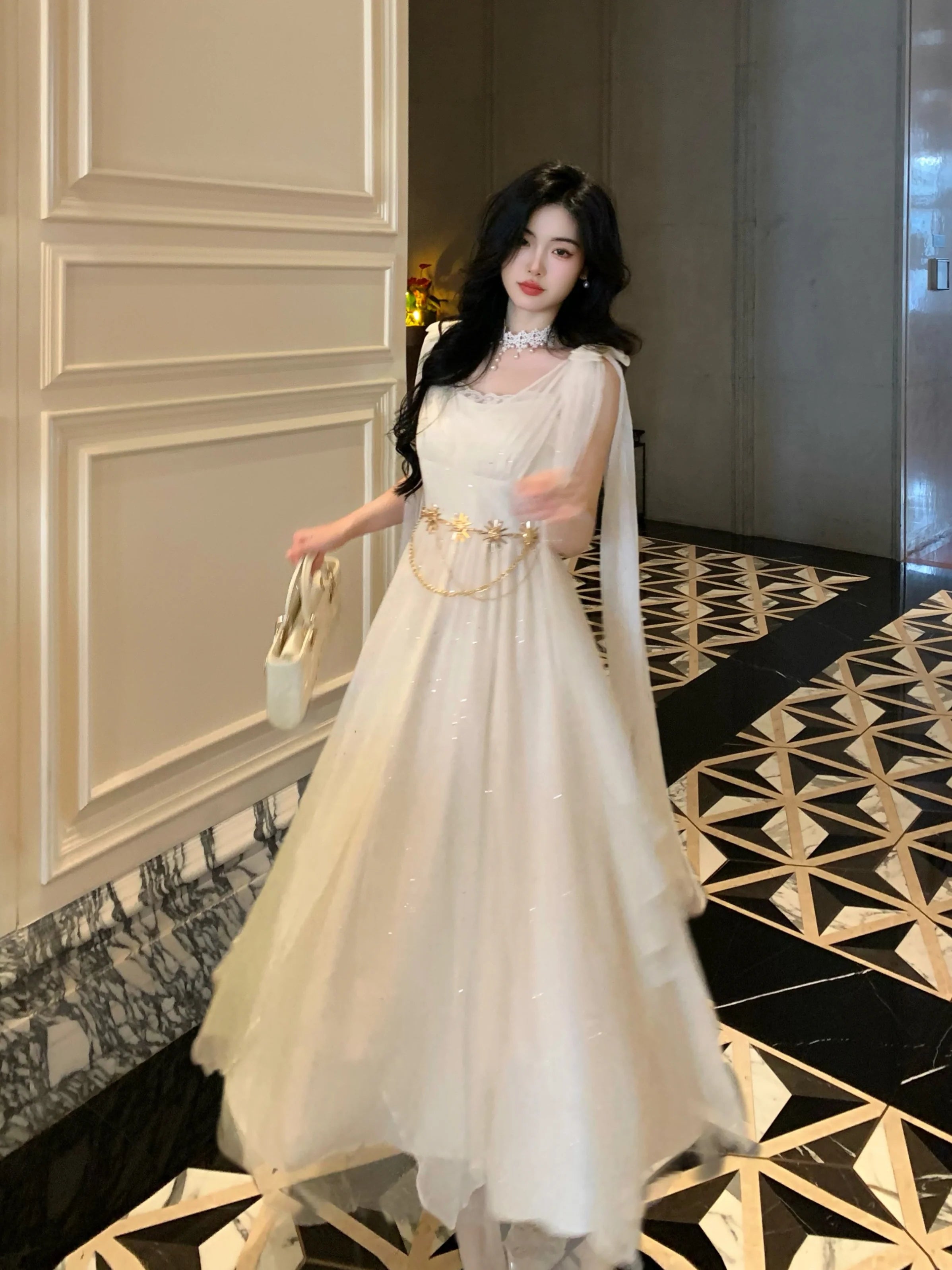 Ethereal Goddess Shimmering Silver Mesh Gown