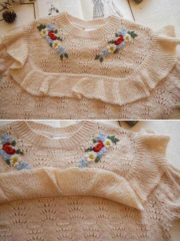 Floral Embroidered Ruffle Knit Sweater